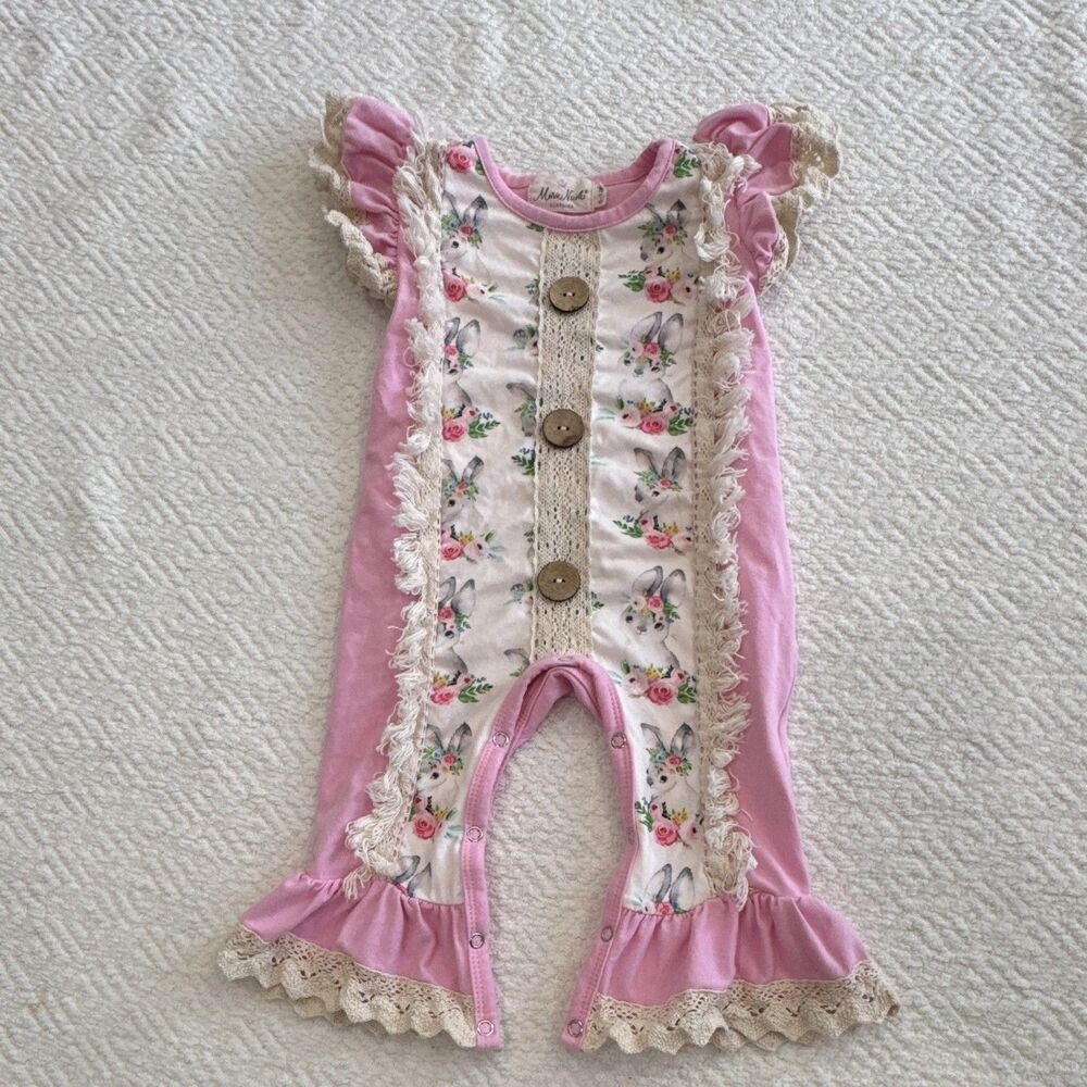 Marie Nicole Girls Pink/White Floral Bunny Ruffle Lace Romper One-Piece 6-12M